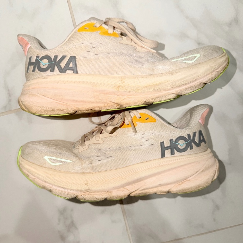Hoka Beige and Yellow Athletic Shoes